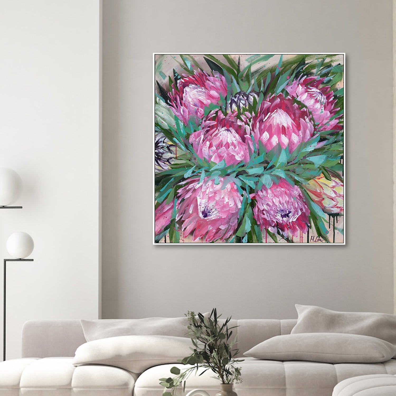 wall-art-print-canvas-poster-framed-Smiling Like A Flower Towards Sunlight, Protea Frosted Fire and Niobe White , By Hsin Lin-2