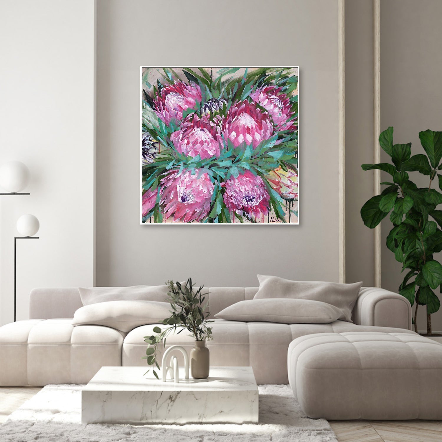 wall-art-print-canvas-poster-framed-Smiling Like A Flower Towards Sunlight, Protea Frosted Fire and Niobe White , By Hsin Lin-7