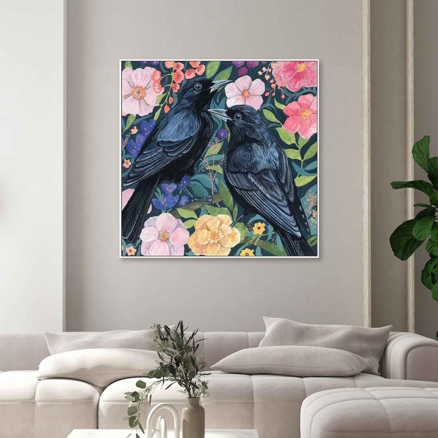 wall-art-print-canvas-poster-framed-Two Crows on Flowers-2