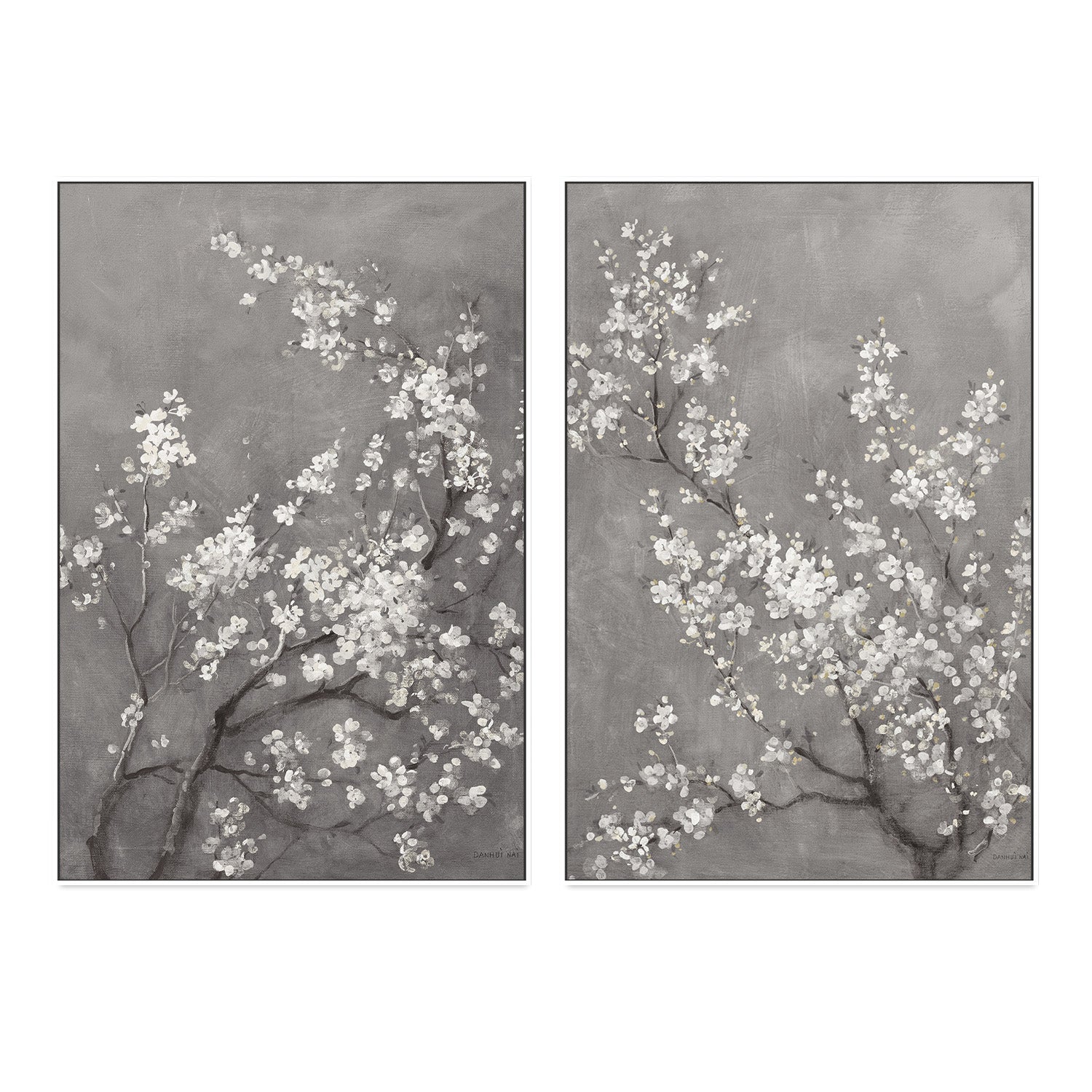wall-art-print-canvas-poster-framed-White Cherry Blossoms on Grey, Style A & B, Set Of 2 , By Danhui Nai-5