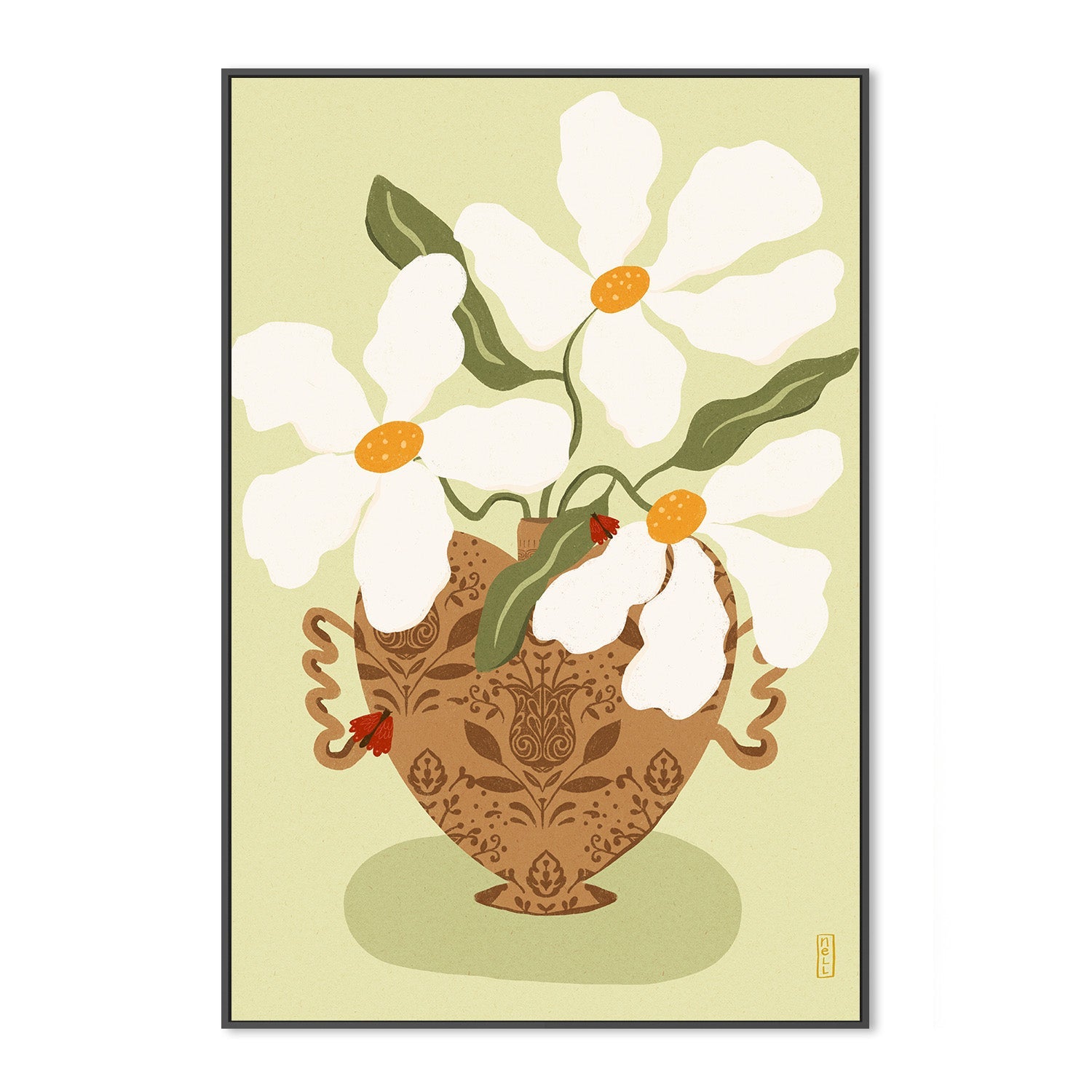 wall-art-print-canvas-poster-framed-White flowers in a Greek Vase Illustration-3