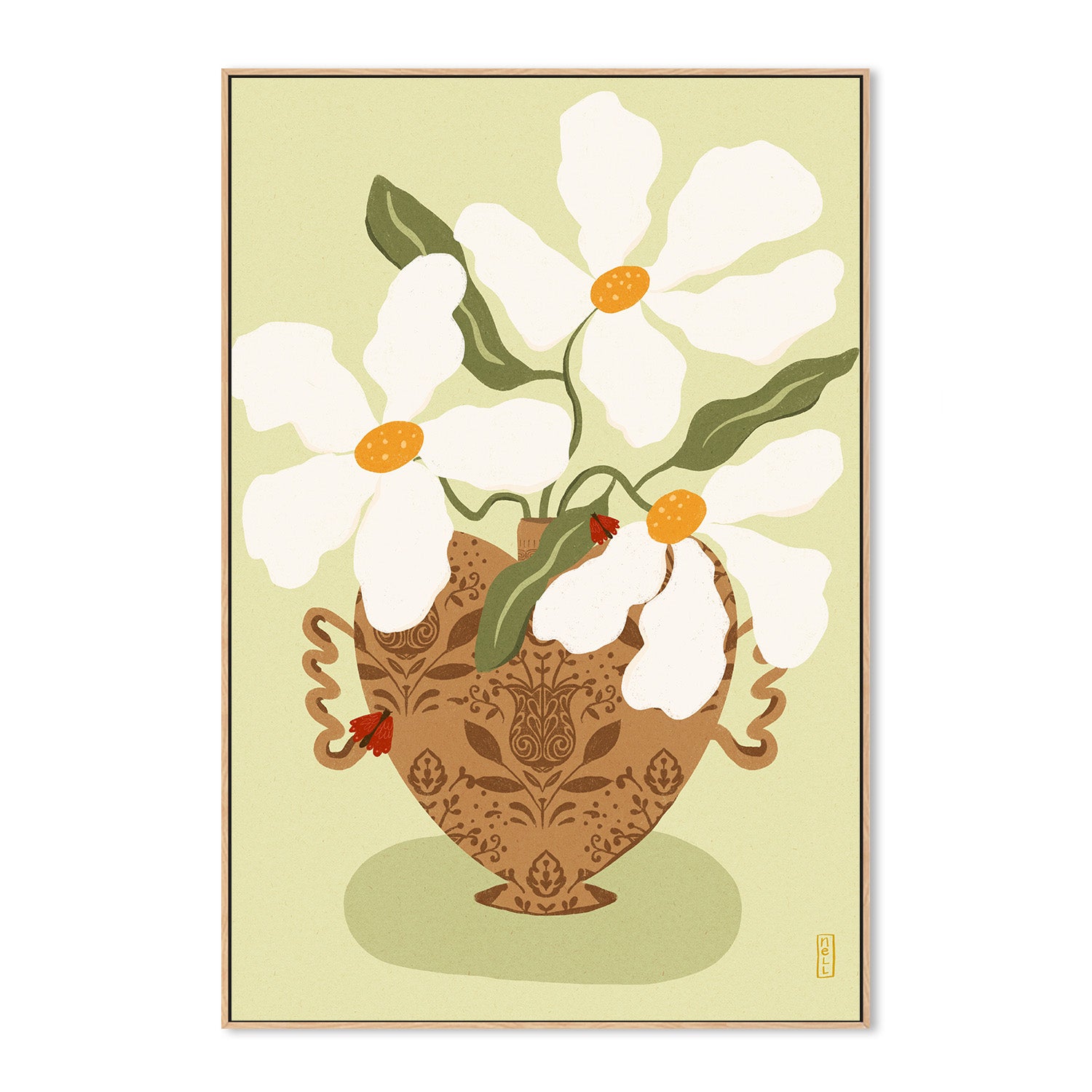 wall-art-print-canvas-poster-framed-White flowers in a Greek Vase Illustration-4