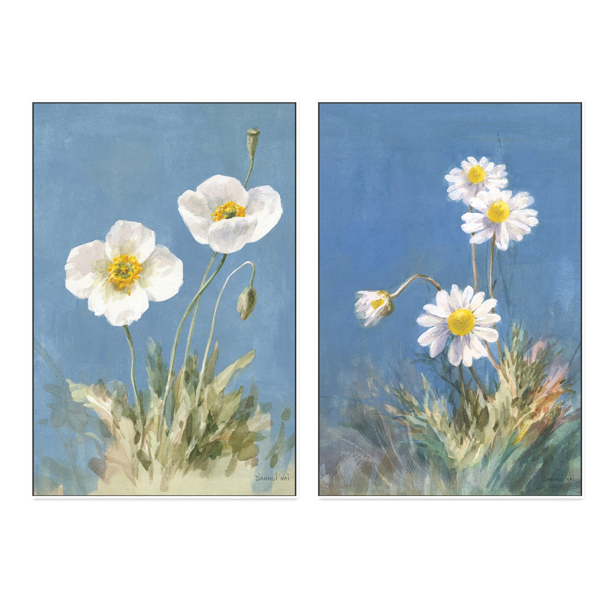 wall-art-print-canvas-poster-framed-White Poppies & Daisies, Set of 2-by-Danhui Nai-Gioia Wall Art