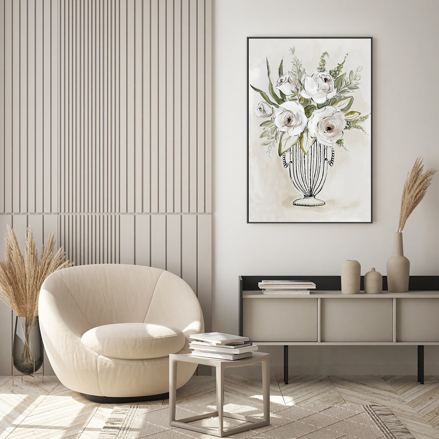 wall-art-print-canvas-poster-framed-White Roses in Striped Vase-7