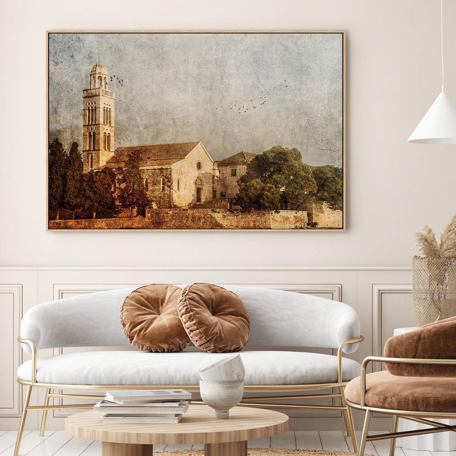 wall-art-print-canvas-poster-framed-White Stone Church in Europe on a Painterly Textured Background, Sojourn , By Andrew Paranavitana-3