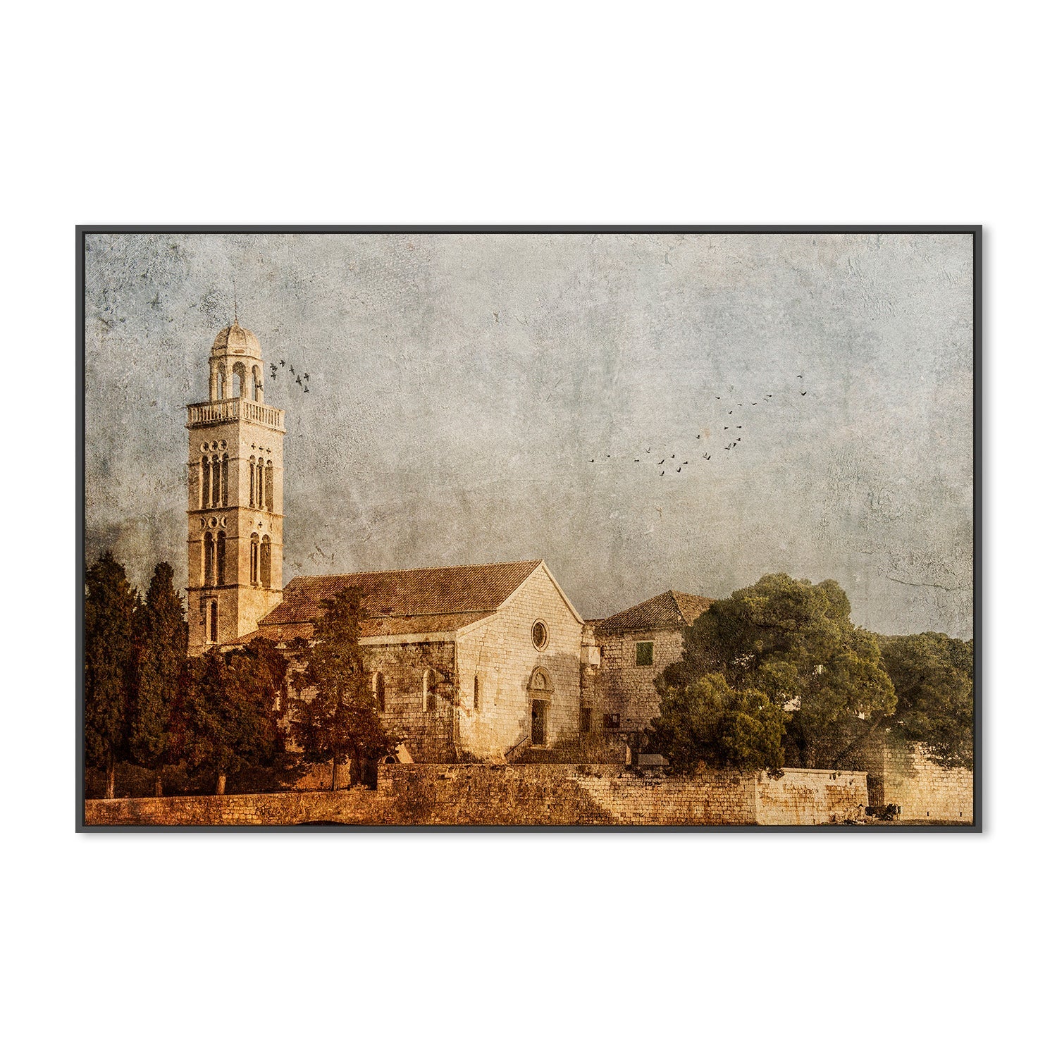wall-art-print-canvas-poster-framed-White Stone Church in Europe on a Painterly Textured Background, Sojourn , By Andrew Paranavitana-4