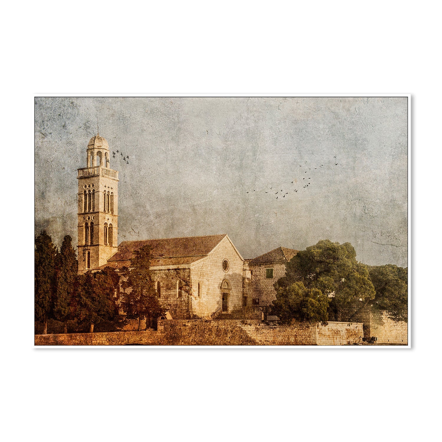 wall-art-print-canvas-poster-framed-White Stone Church in Europe on a Painterly Textured Background, Sojourn , By Andrew Paranavitana-6