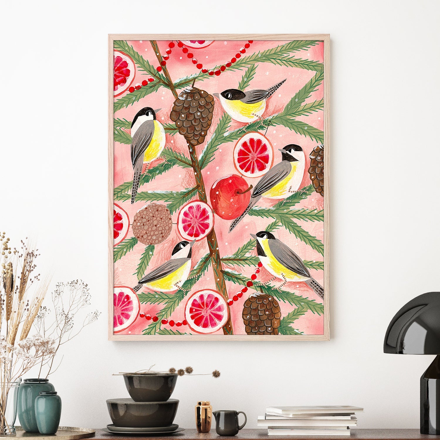 wall-art-print-canvas-poster-framed-Winter birds Tits in the pine tree at Christmas-2