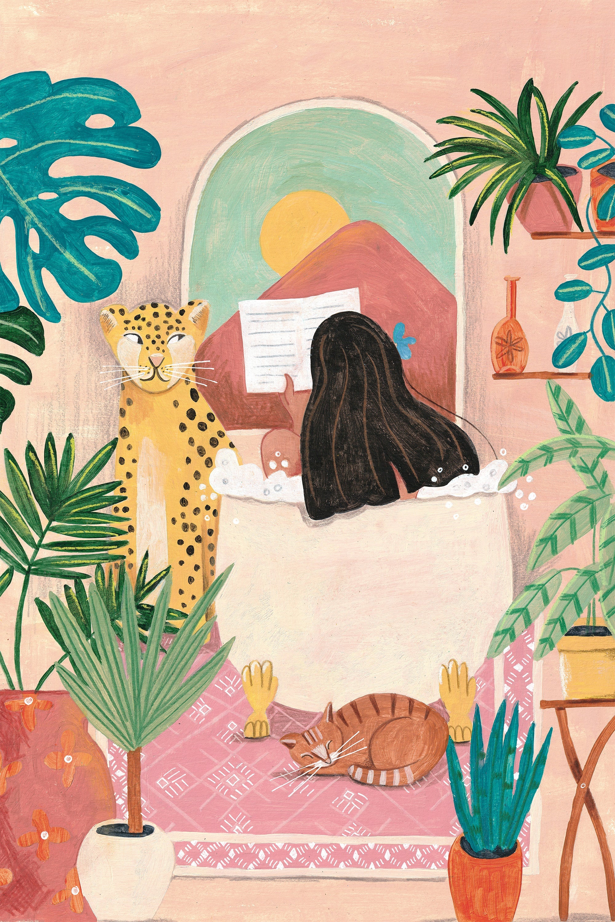 wall-art-print-canvas-poster-framed-Woman taking bath in pink tropical bathroom-1