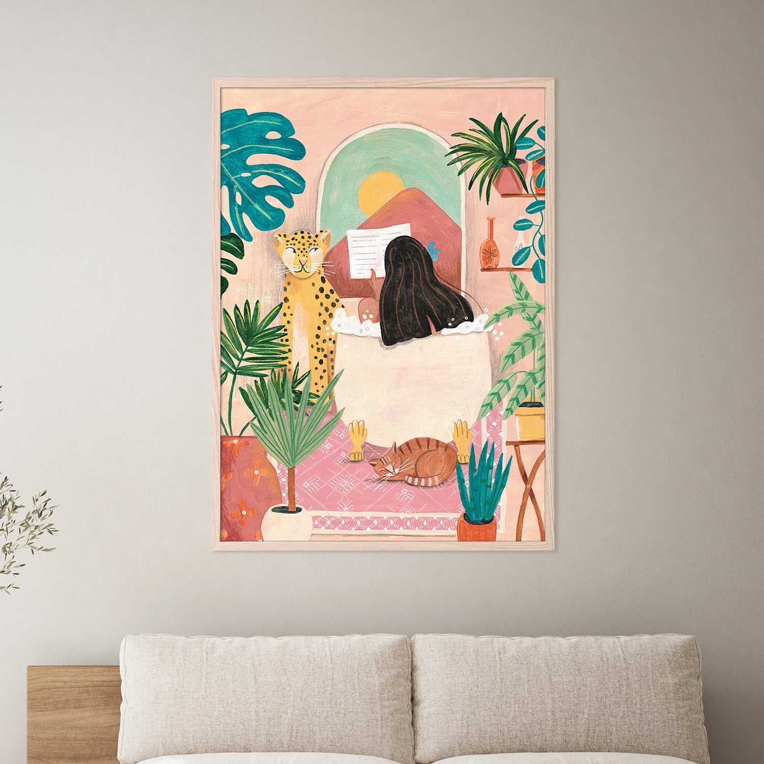 wall-art-print-canvas-poster-framed-Woman taking bath in pink tropical bathroom-2