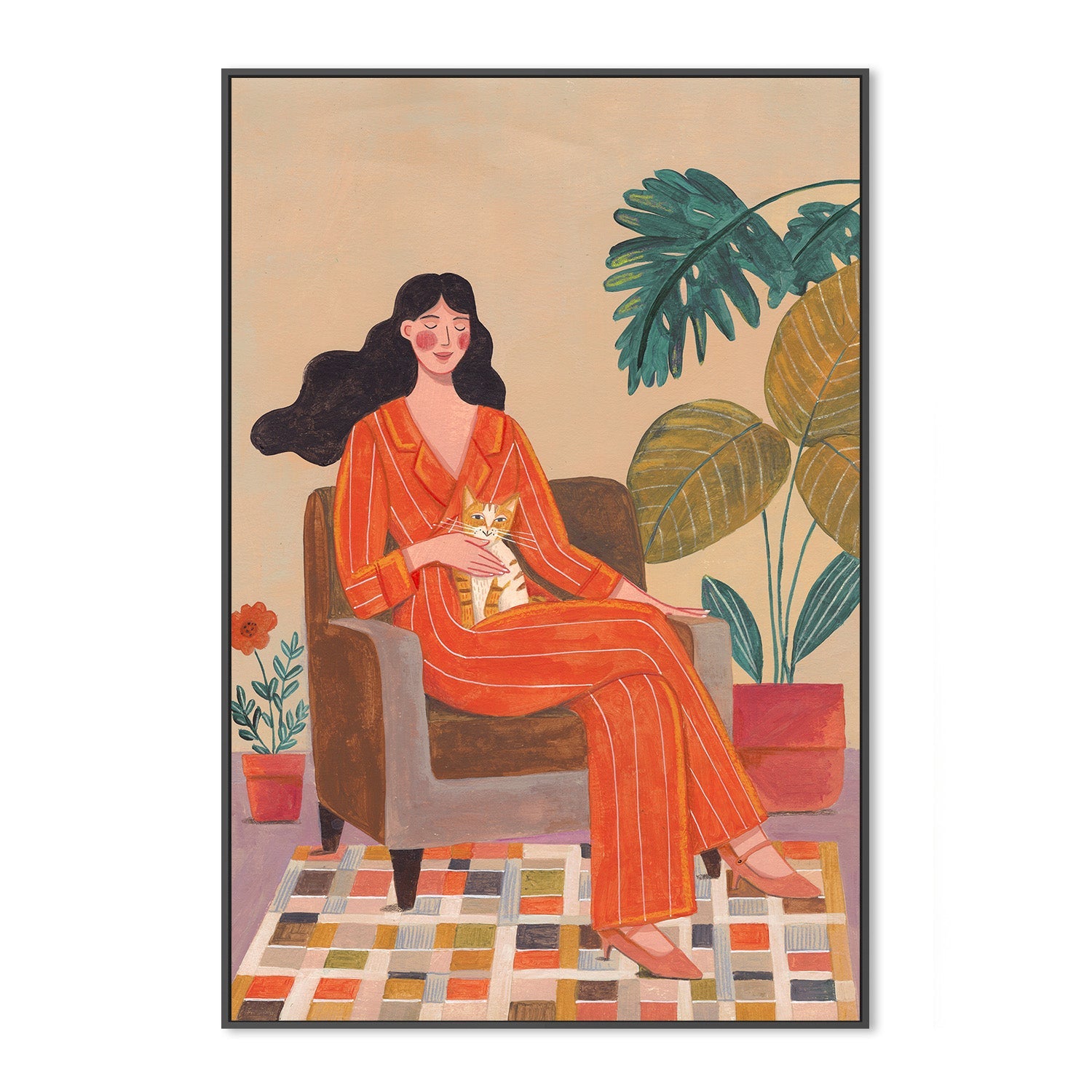 wall-art-print-canvas-poster-framed-Woman with cat in living room with warm earth tones-3