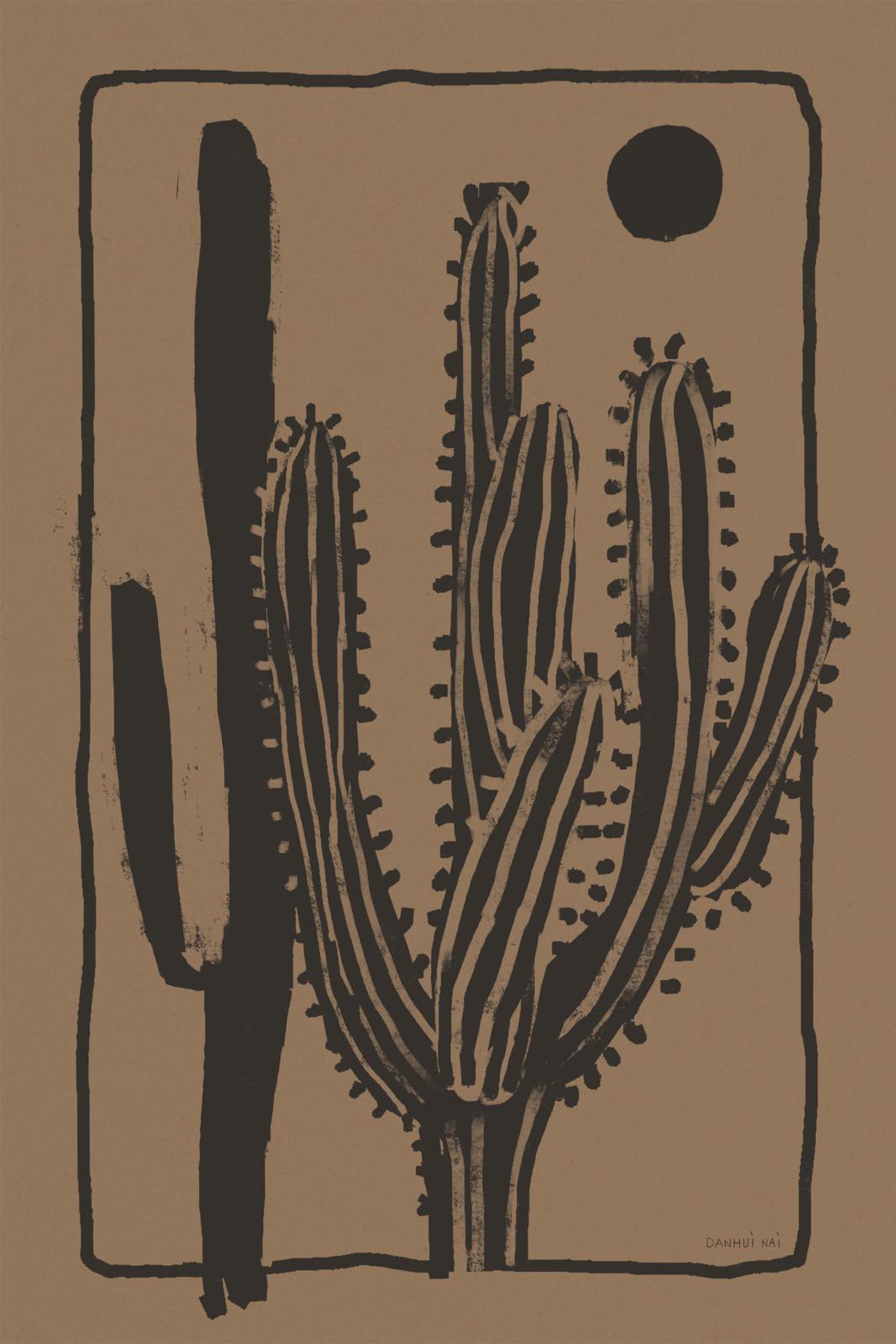wall-art-print-canvas-poster-framed-Woodcut Cactus , Style B, Natural-1