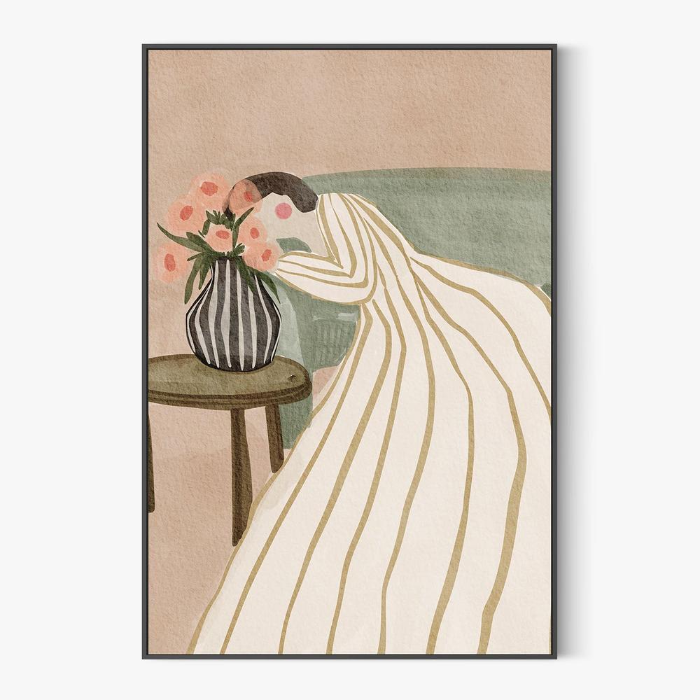 Woman Admiring Flowers-by-Nikita Jariwala-wall-art-print-canvas-poster-framed-Gioia