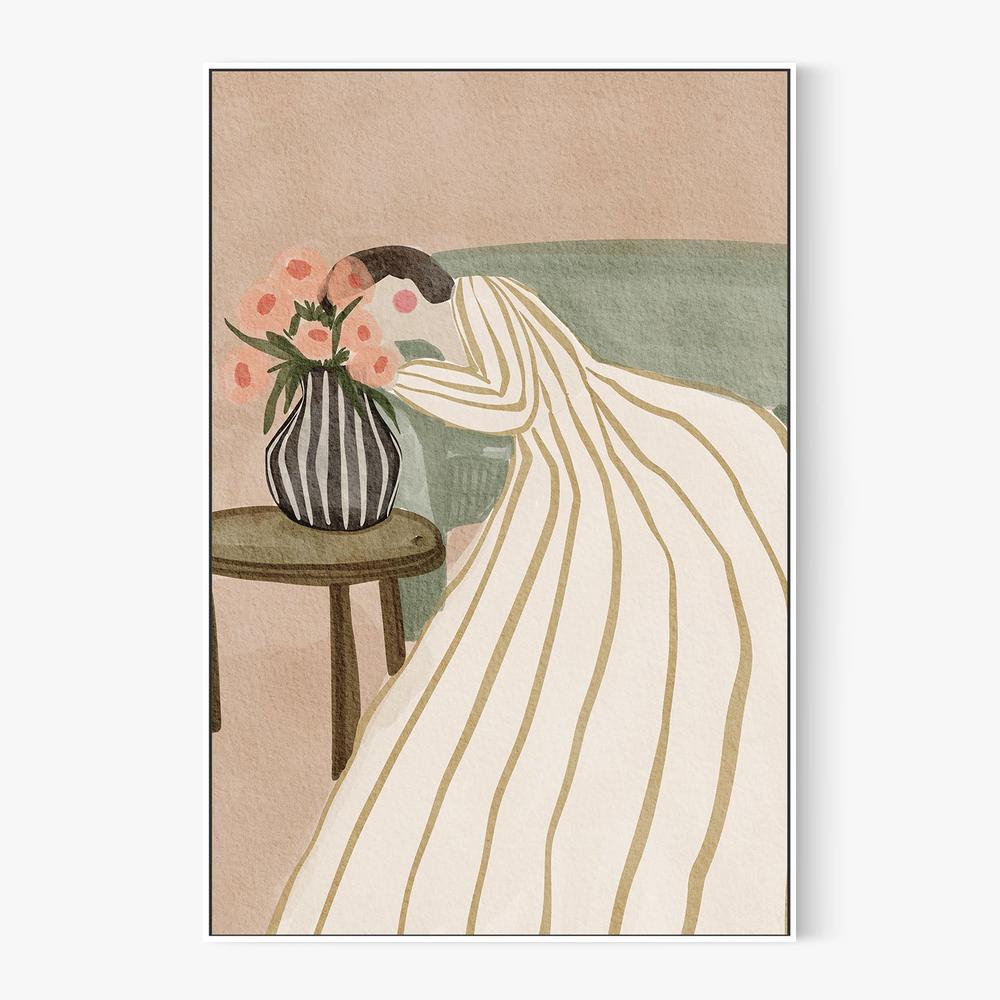 Woman Admiring Flowers-by-Nikita Jariwala-wall-art-print-canvas-poster-framed-Gioia