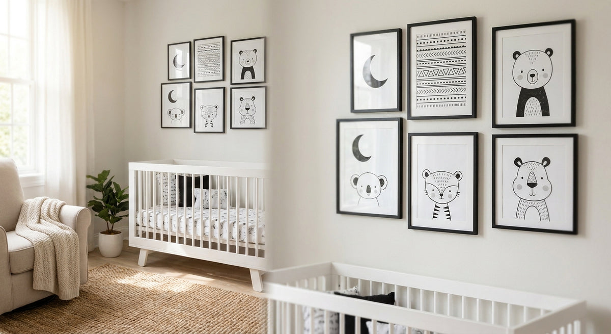 Black and white nursery wall art for newborn rooms