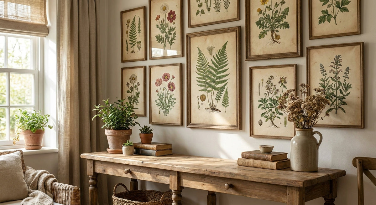 Vintage botanical prints for cottagecore rooms