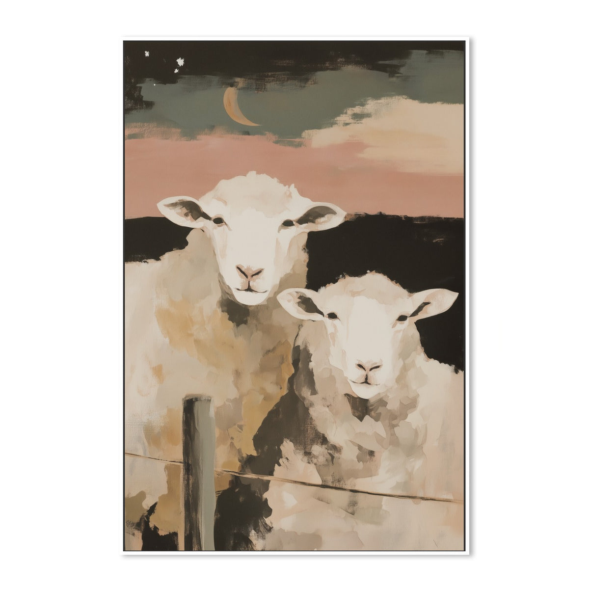 Two Sheep Under Crescent Moon