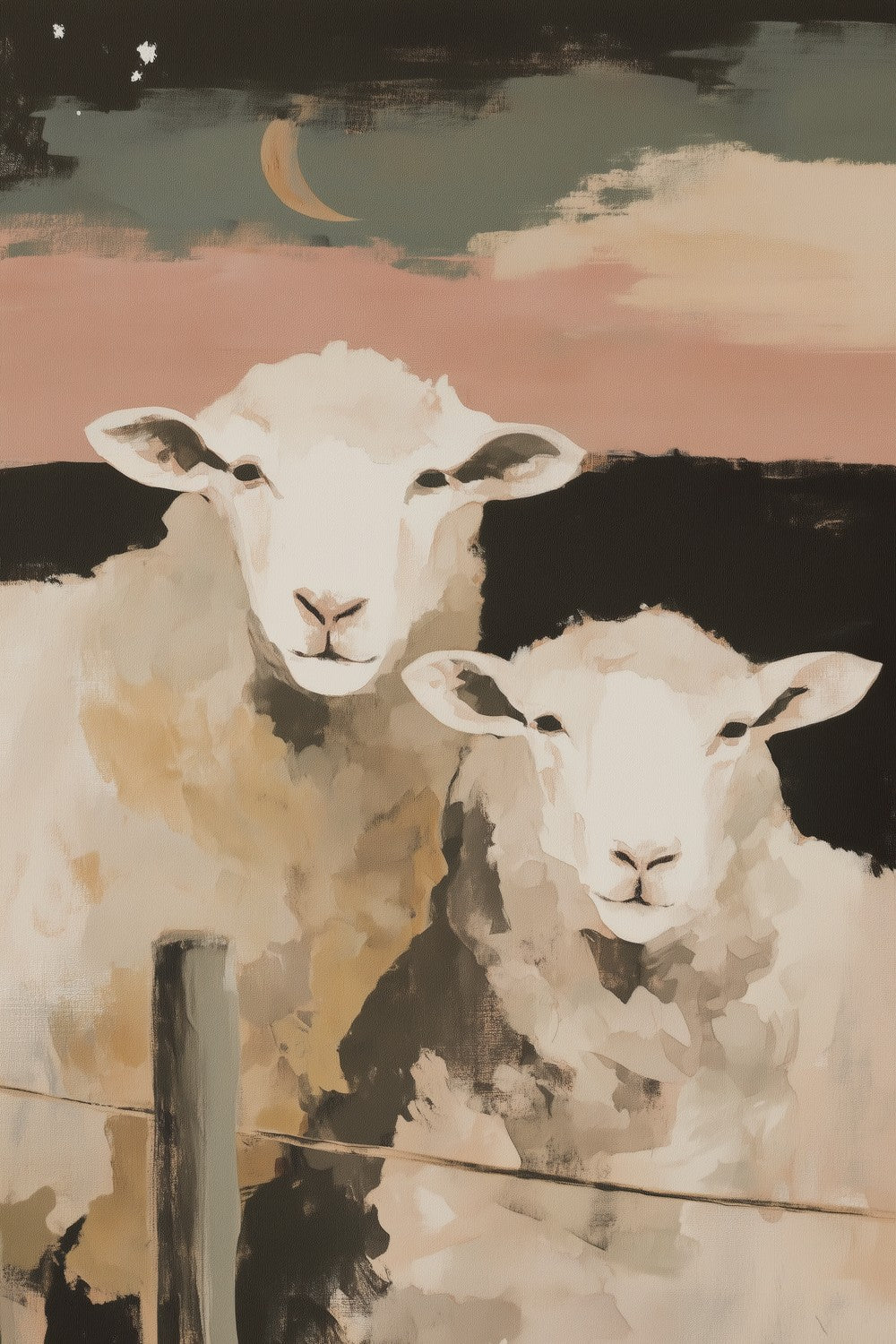 Two Sheep Under Crescent Moon