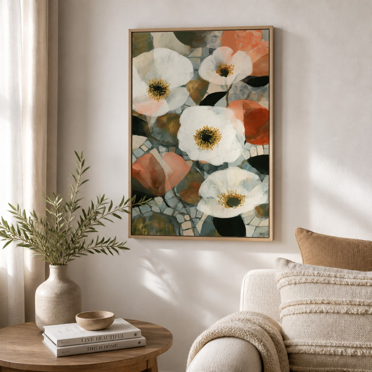 White Blooms on Mosaic Tile