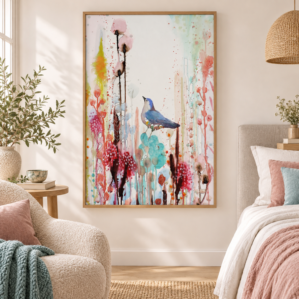 Always In My Heart wall art styled in a gentle contemporary bedroom with no mat border