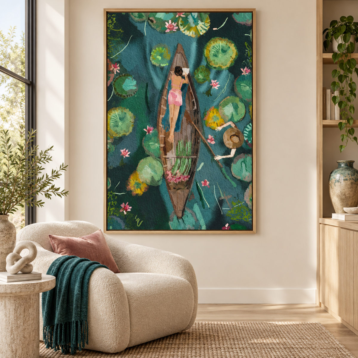 Between the lilies by Ekaterina Zagorska in an oak floating frame above a contemporary lounge chair.