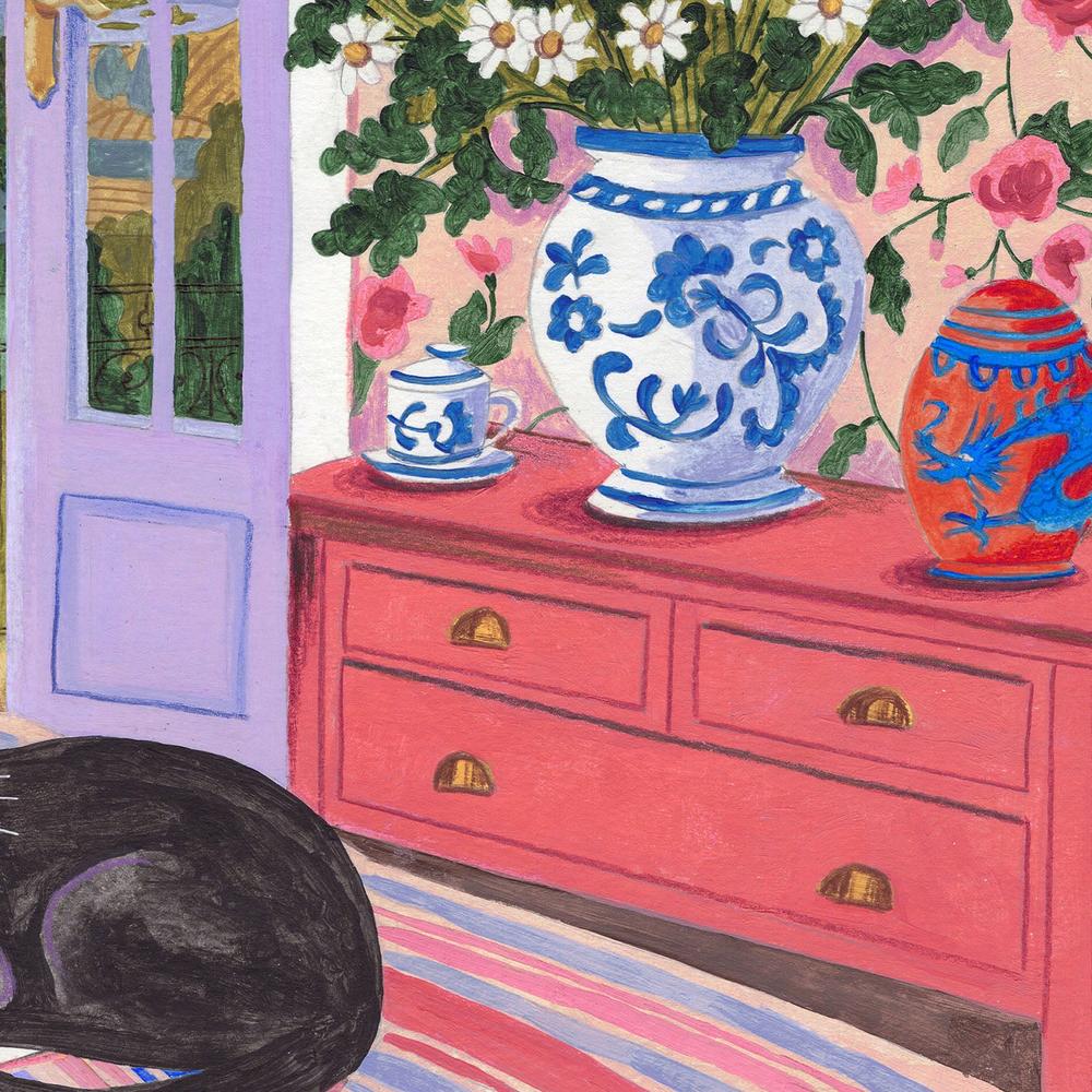Black Cat on Bed French Doors Garden View-by-Caroline Bonne Muller-wall-art-print-canvas-poster-framed-Gioia