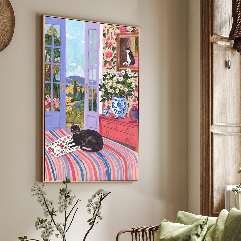 Black Cat on Bed French Doors Garden View-by-Caroline Bonne Muller-wall-art-print-canvas-poster-framed-Gioia