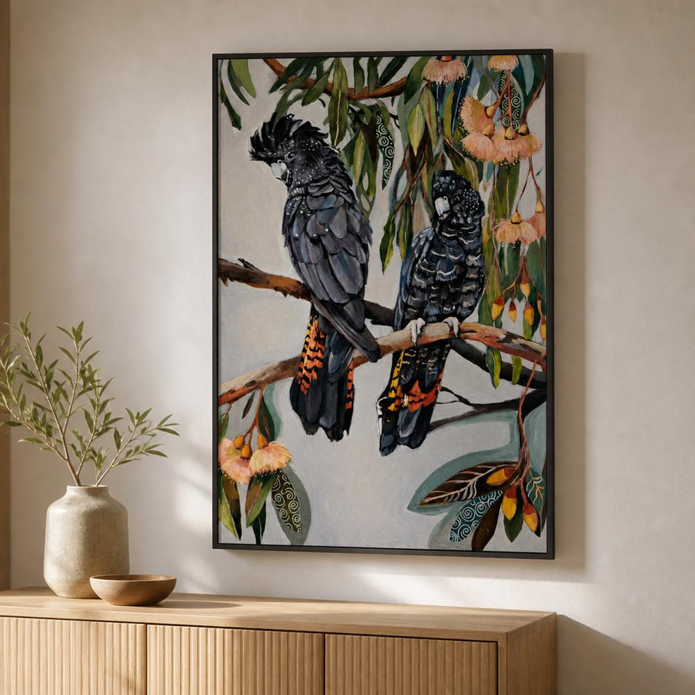 Black Cockatoos with Peach Gum Blossom-by-Susan Trudinger-wall-art-print-canvas-poster-framed-Gioia