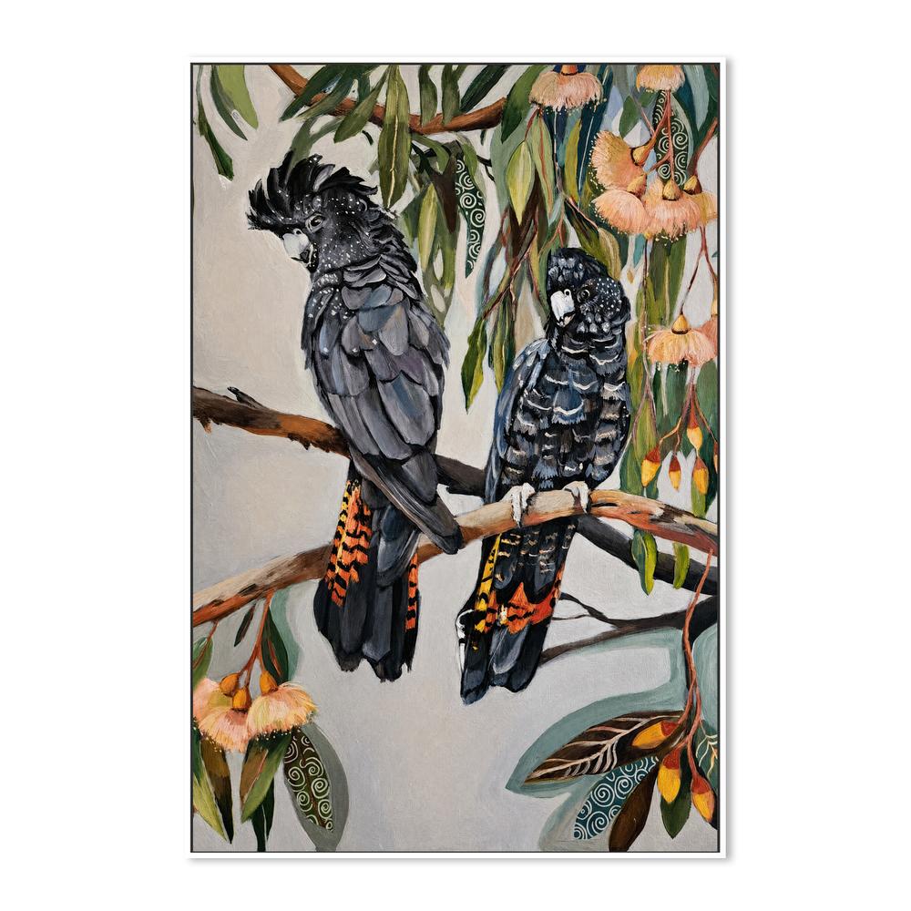 Black Cockatoos with Peach Gum Blossom-by-Susan Trudinger-wall-art-print-canvas-poster-framed-Gioia