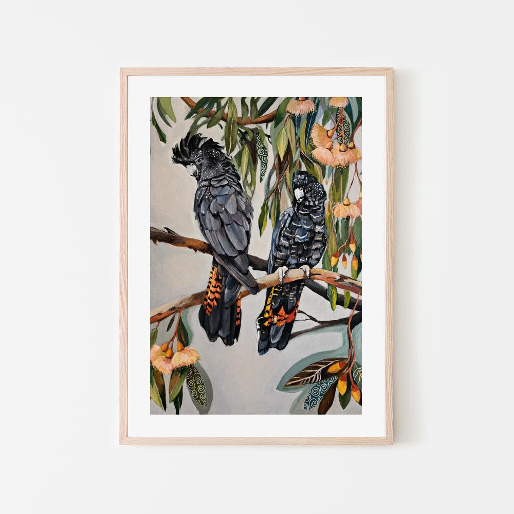 Black Cockatoos with Peach Gum Blossom-by-Susan Trudinger-wall-art-print-canvas-poster-framed-Gioia