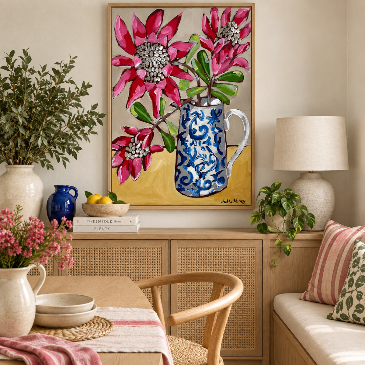Blooming Proteas wall art in a cosy kitchen dining corner