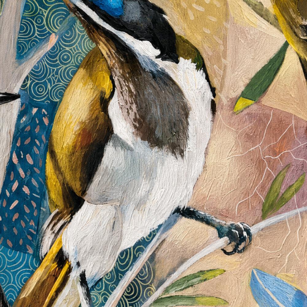 Blue Faced Honeyeaters with Gumnuts-by-Susan Trudinger-wall-art-print-canvas-poster-framed-Gioia