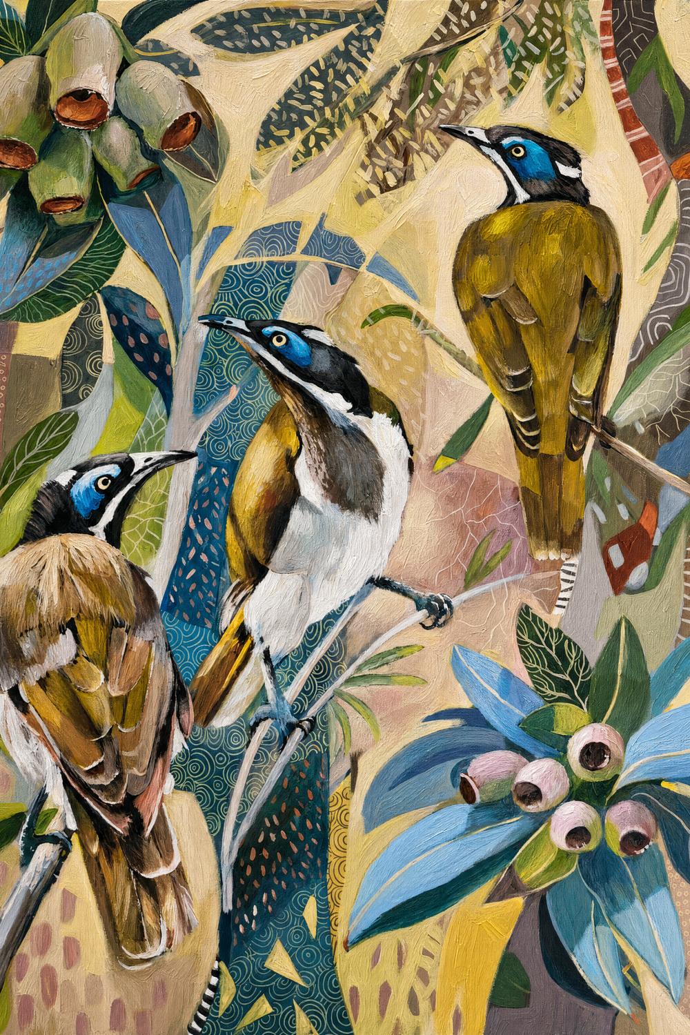 Blue Faced Honeyeaters with Gumnuts-by-Susan Trudinger-wall-art-print-canvas-poster-framed-Gioia