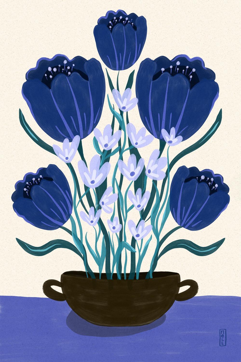 Blue Floral Arrangement-by-Dirkie Nell-wall-art-print-canvas-poster-framed-Gioia
