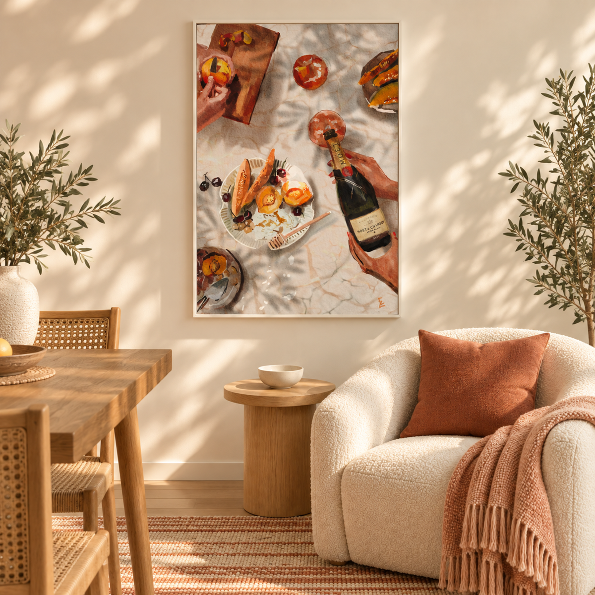 Champagne and Peaches wall art styled in a warm cozy dining corner
