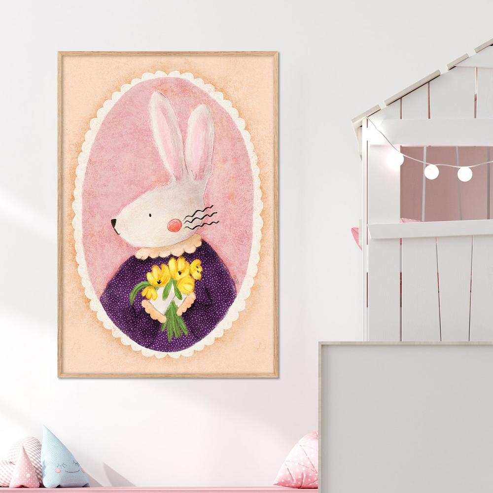 Charming Bunny With Tulips-by-Dirkie Nell-wall-art-print-canvas-poster-framed-Gioia