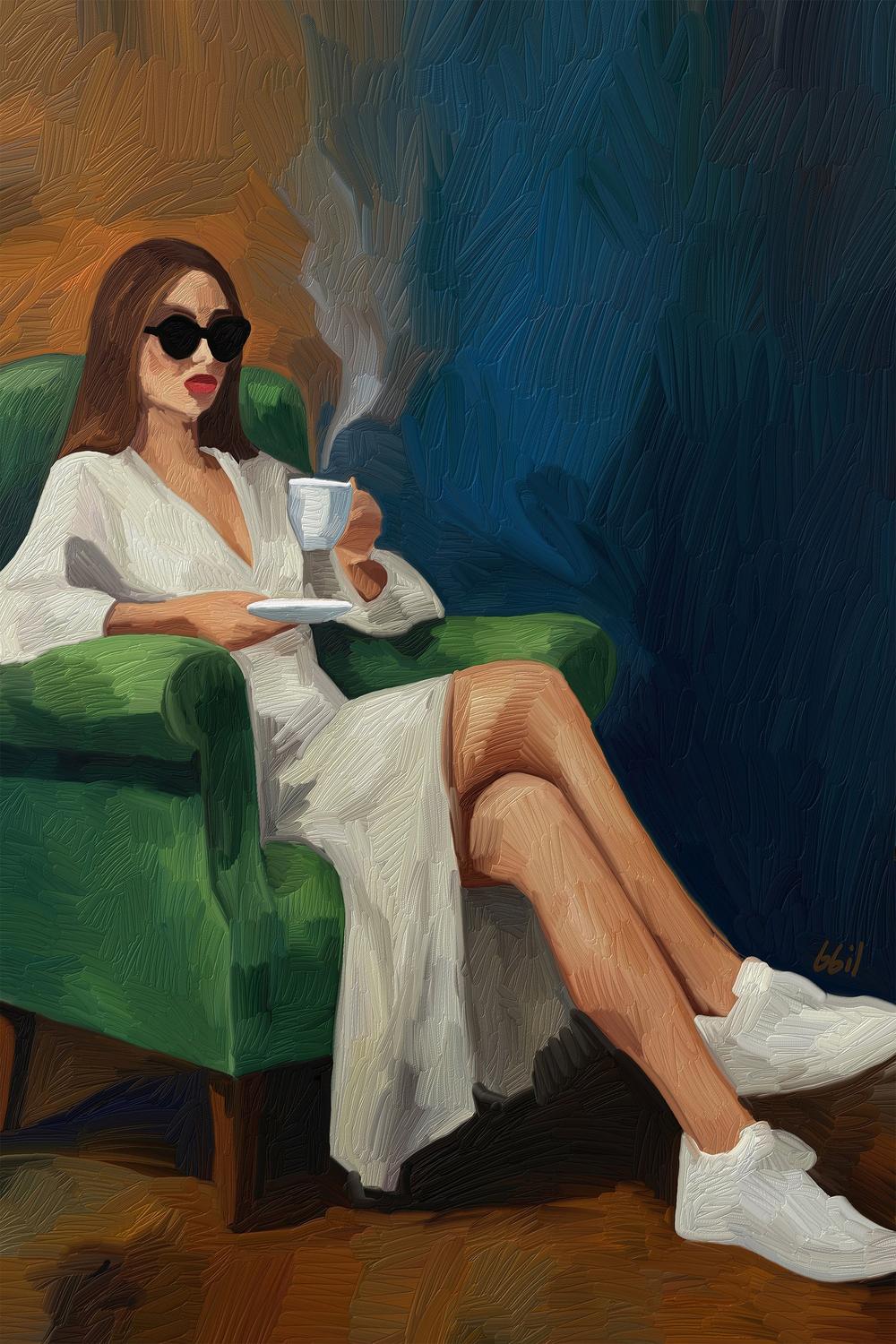 CHICA Y UN CAFE-by-Giovanna Gil Alves-wall-art-print-canvas-poster-framed-Gioia