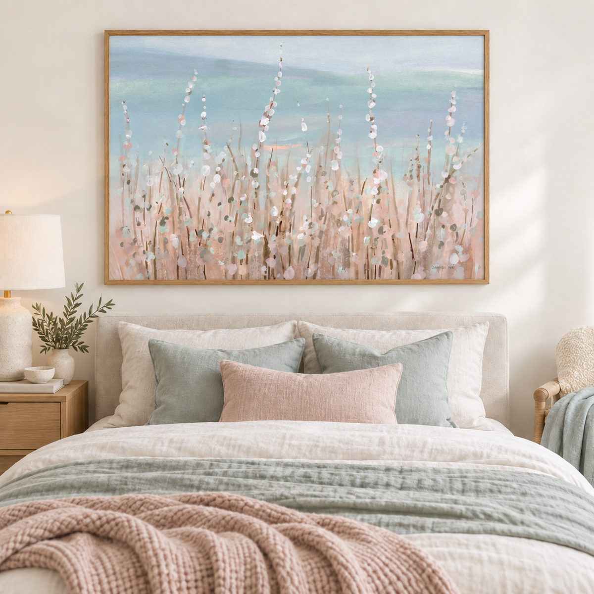 Coastal Morning Blooms wall art styled in a serene coastal bedroom, shown without a mat border