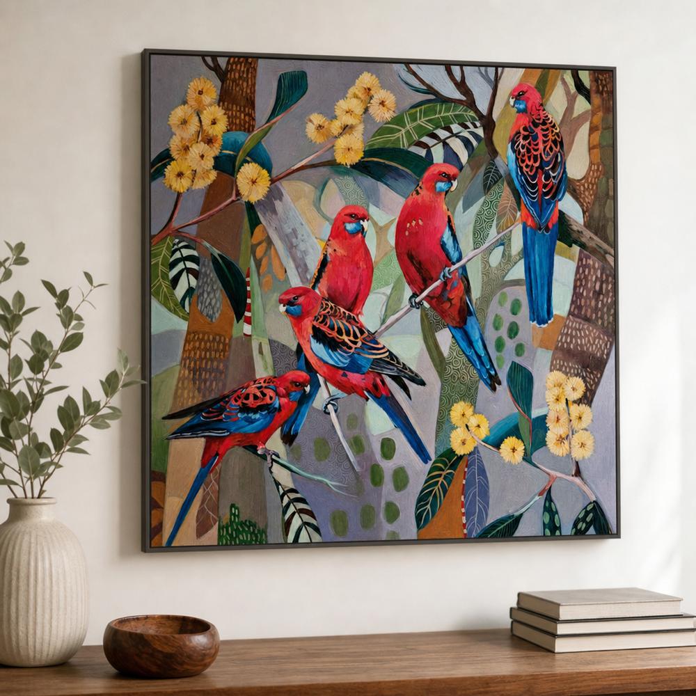 Crimson Rosellas with Wattle-by-Susan Trudinger-wall-art-print-canvas-poster-framed-Gioia