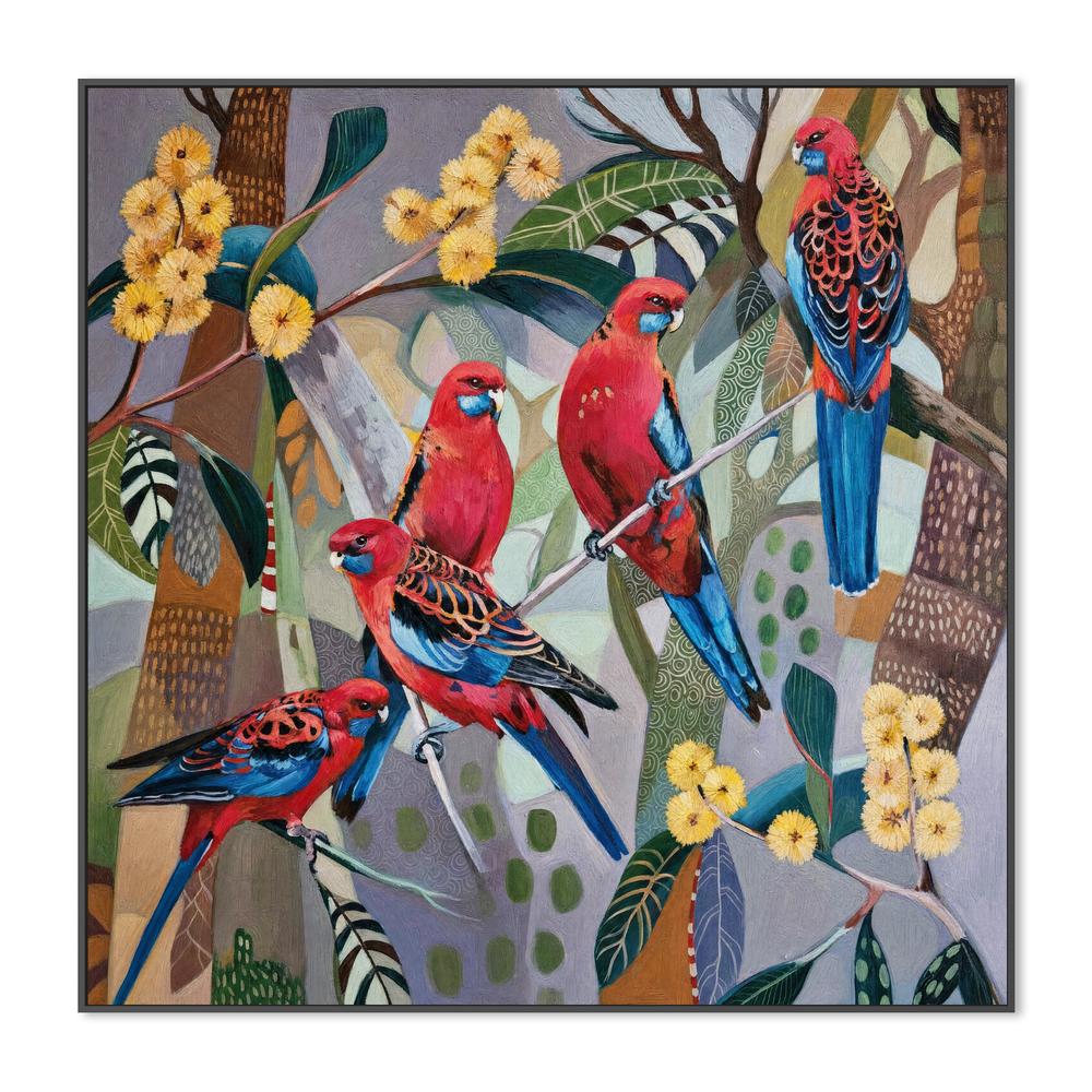Crimson Rosellas with Wattle-by-Susan Trudinger-wall-art-print-canvas-poster-framed-Gioia