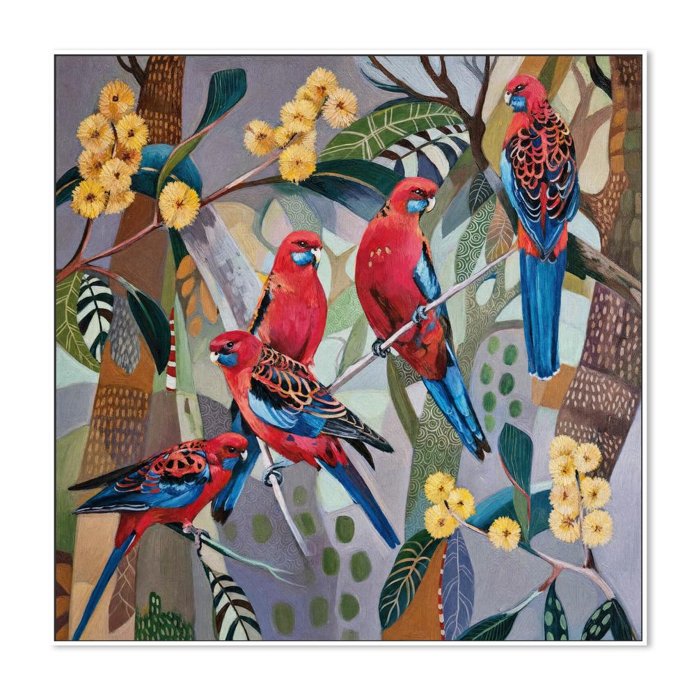 Crimson Rosellas with Wattle-by-Susan Trudinger-wall-art-print-canvas-poster-framed-Gioia