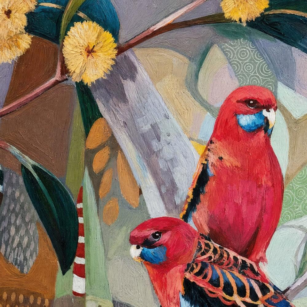 Crimson Rosellas with Wattle-by-Susan Trudinger-wall-art-print-canvas-poster-framed-Gioia