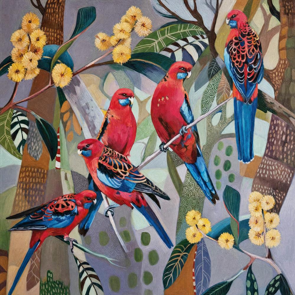 Crimson Rosellas with Wattle-by-Susan Trudinger-wall-art-print-canvas-poster-framed-Gioia