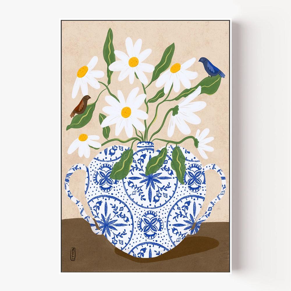 Daisies In Blue Teapot-by-Dirkie Nell-wall-art-print-canvas-poster-framed-Gioia