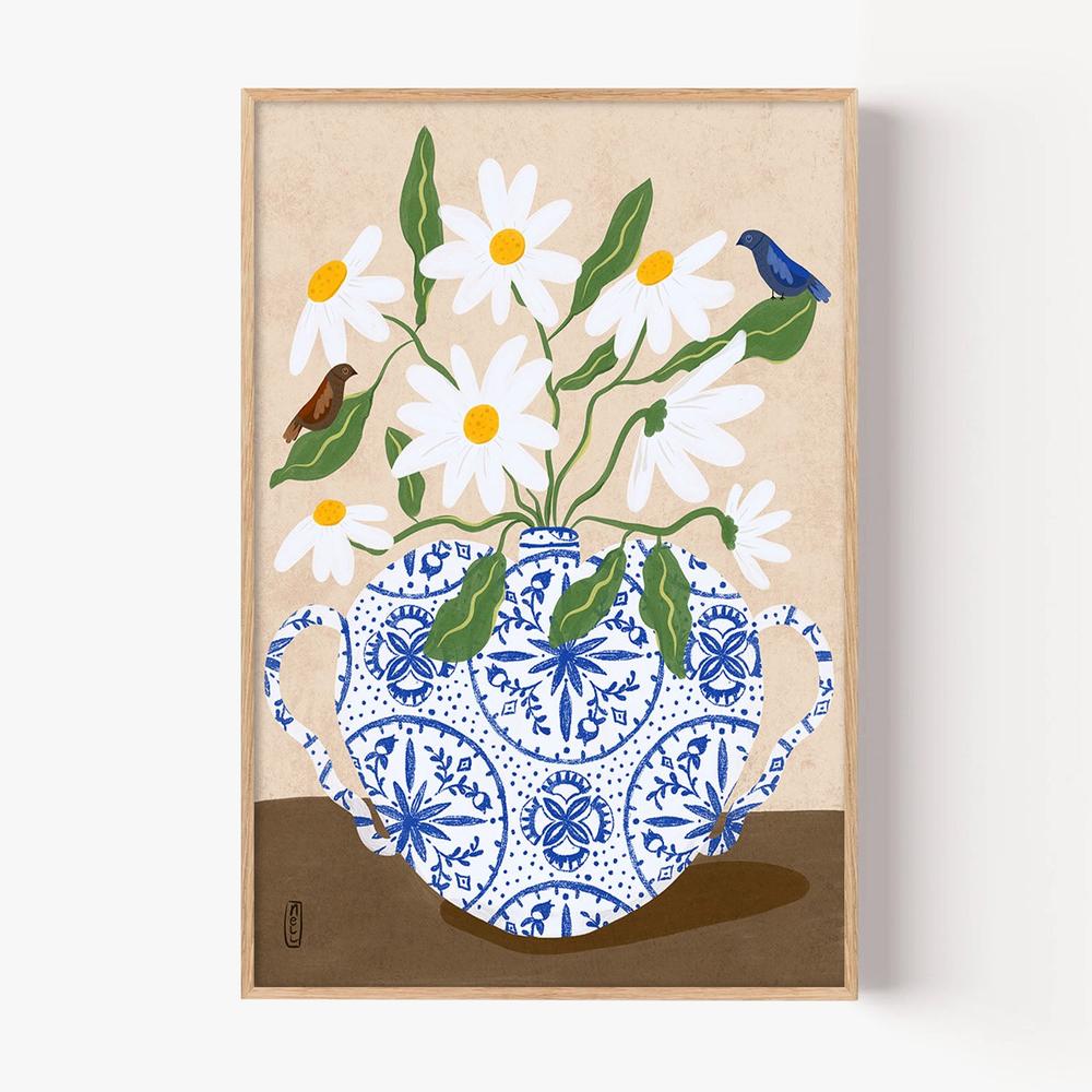 Daisies In Blue Teapot-by-Dirkie Nell-wall-art-print-canvas-poster-framed-Gioia