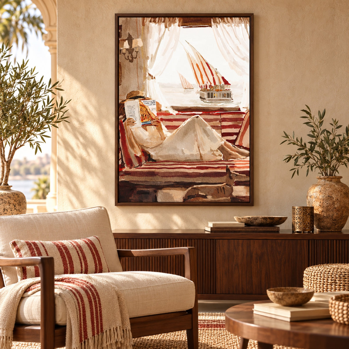 Death On Nill by Ekaterina Zagorska in a dark walnut frame in a sunlit travel-inspired reading room