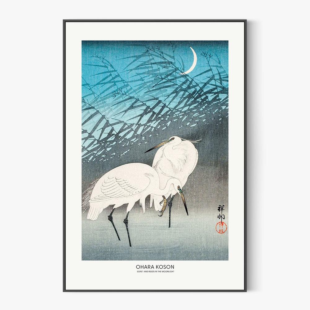 Egrets and Reeds In Moonlight (1926) Boarder-by-Ohara Koson-wall-art-print-canvas-poster-framed-Gioia