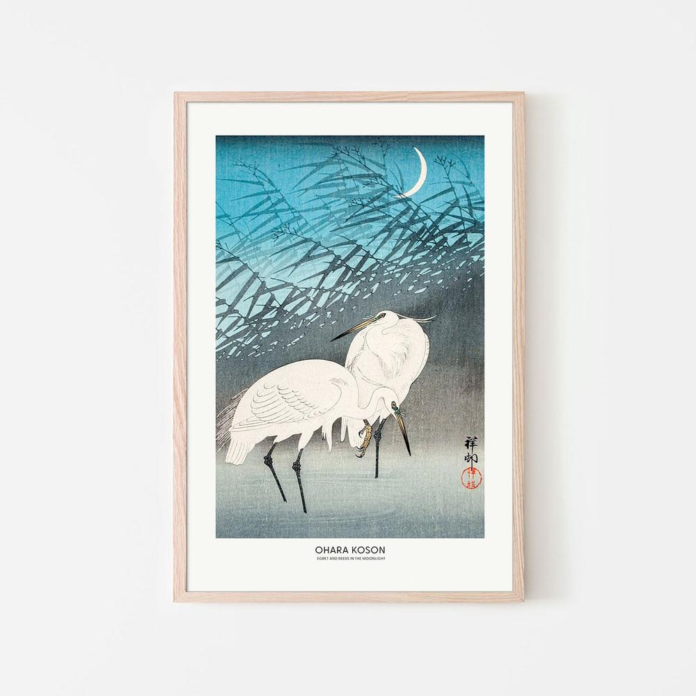 Egrets and Reeds In Moonlight (1926) Boarder-by-Ohara Koson-wall-art-print-canvas-poster-framed-Gioia