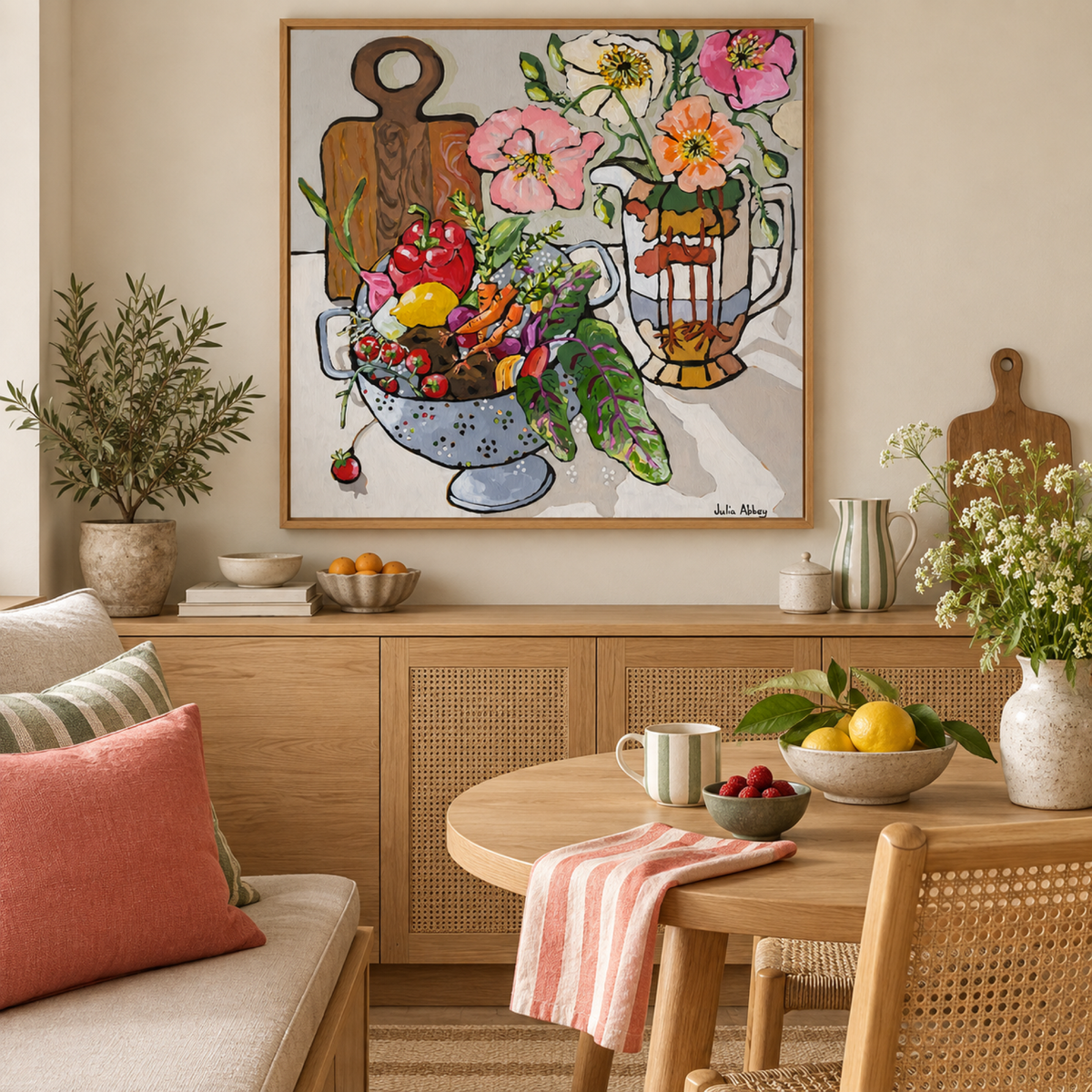 Fresh And Delicious wall art in a cosy kitchen breakfast nook
