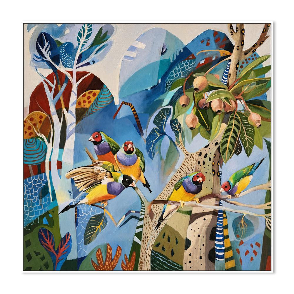 Gouldian Finches on Blue-by-Susan Trudinger-wall-art-print-canvas-poster-framed-Gioia